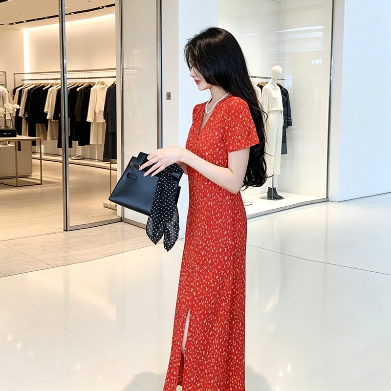 Women's Floral V-Neck Midi Dress with Side Slit