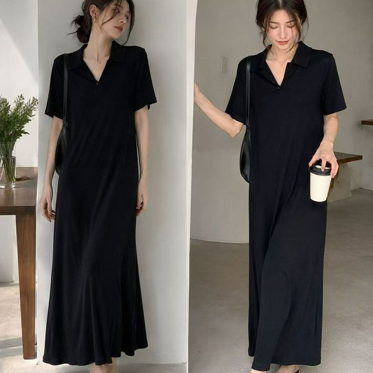 Women's Black V-Neck Polo Maxi Dress