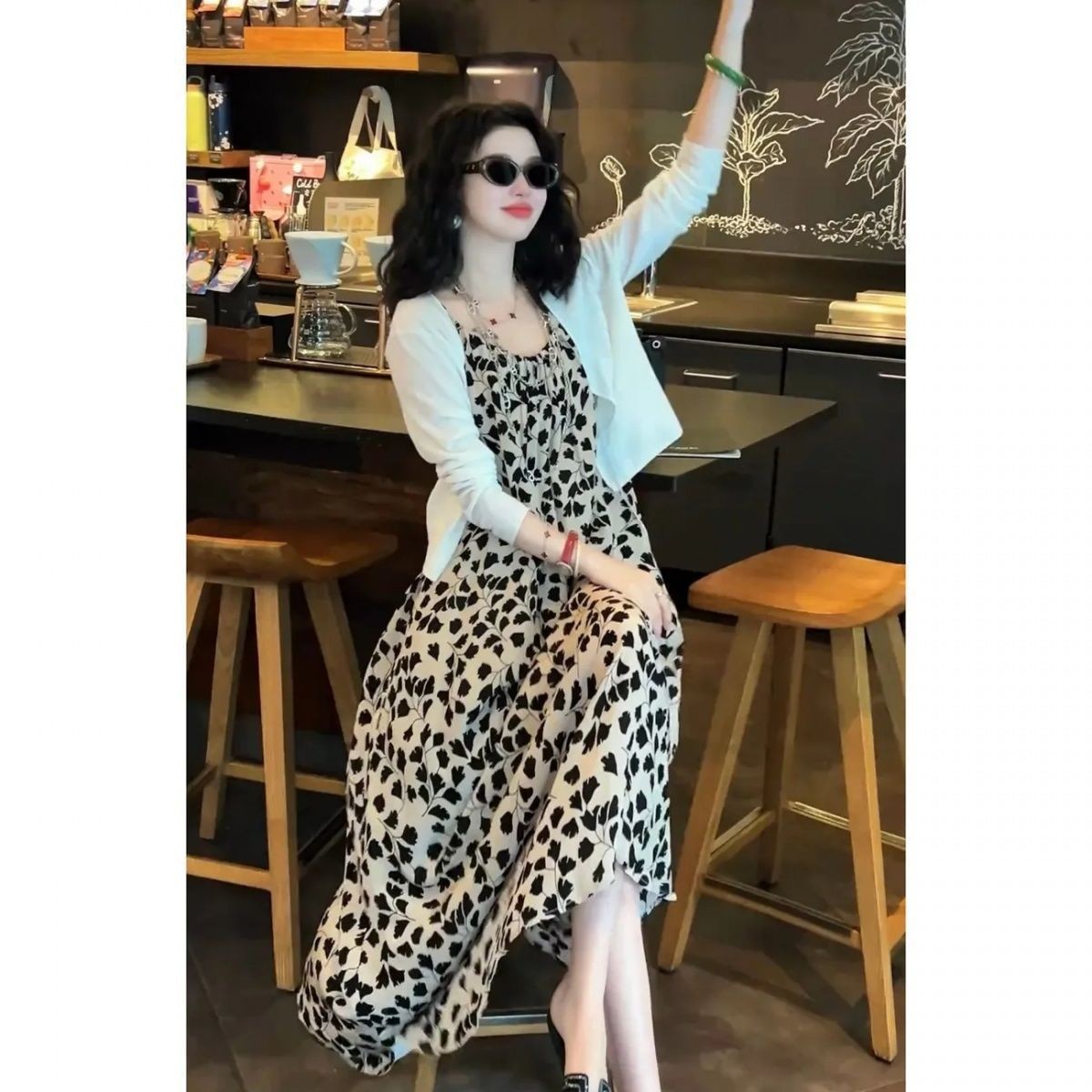 Women's Leaf Print Camisole Dress & Cardigan Set