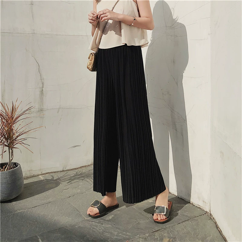 Womens Pleated High-Waist Stretch Pants with Side Pockets