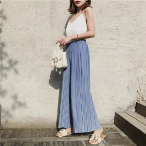 Womens Pleated High-Waist Stretch Pants with Side Pockets