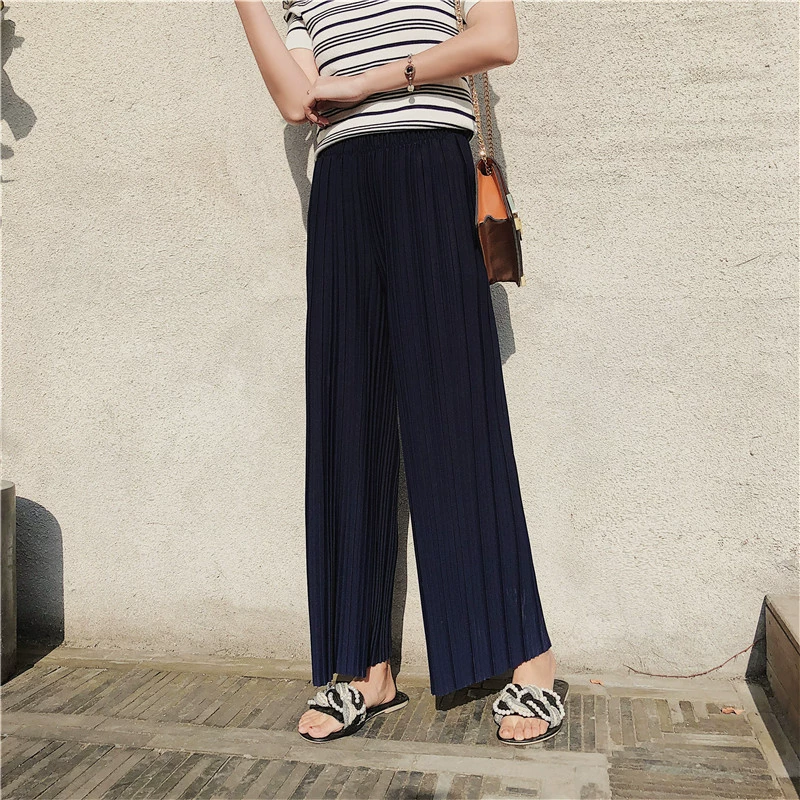 Womens Pleated High-Waist Stretch Pants with Side Pockets