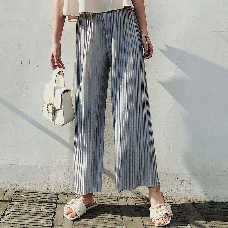 Womens Pleated High-Waist Stretch Pants with Side Pockets