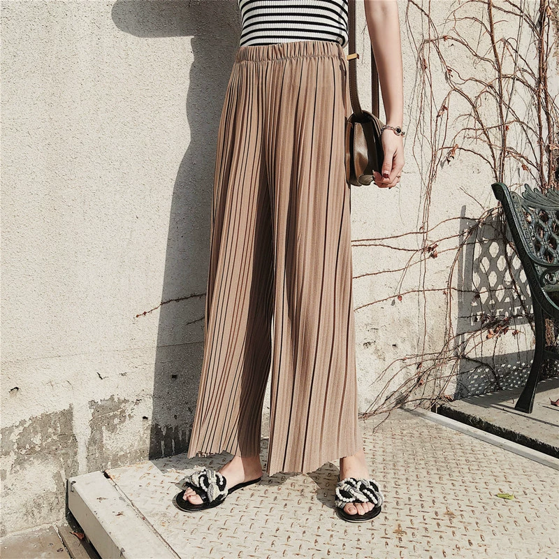 Womens Pleated High-Waist Stretch Pants with Side Pockets