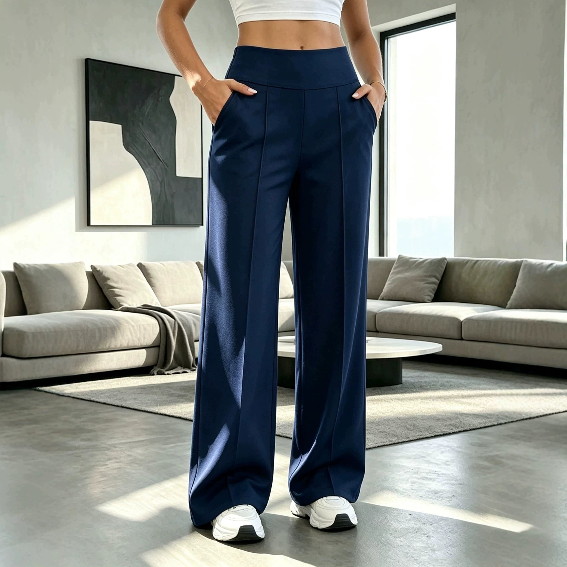 Womens High Waisted Straight Leg Work Trousers with Side Pockets