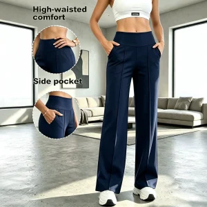 Womens High Waisted Straight Leg Work Trousers with Side Pockets