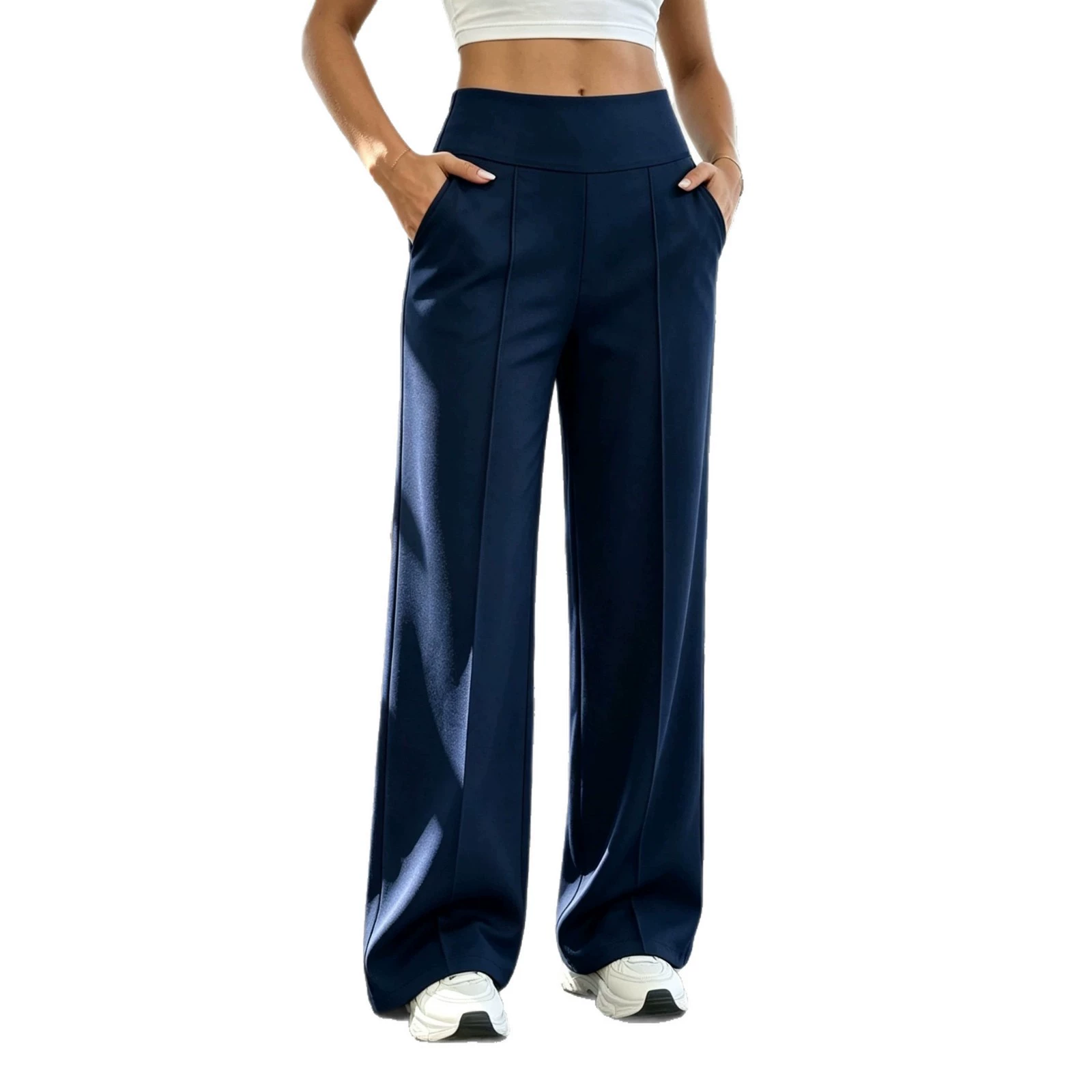 Womens High Waisted Straight Leg Work Trousers with Side Pockets