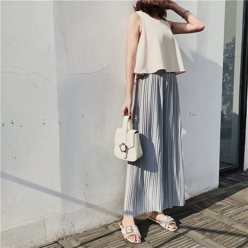 Womens Pleated High-Waist Stretch Pants with Side Pockets
