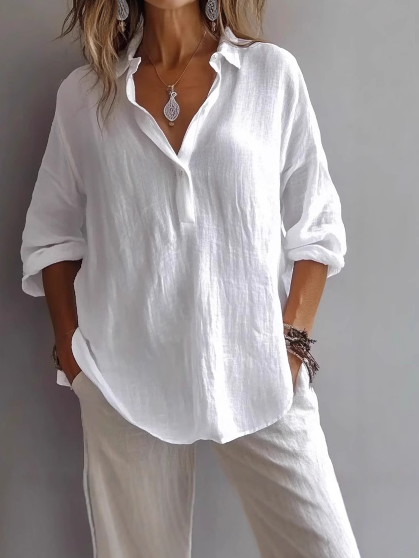 Women's Relaxed Linen-Blend Button-Up Shirt