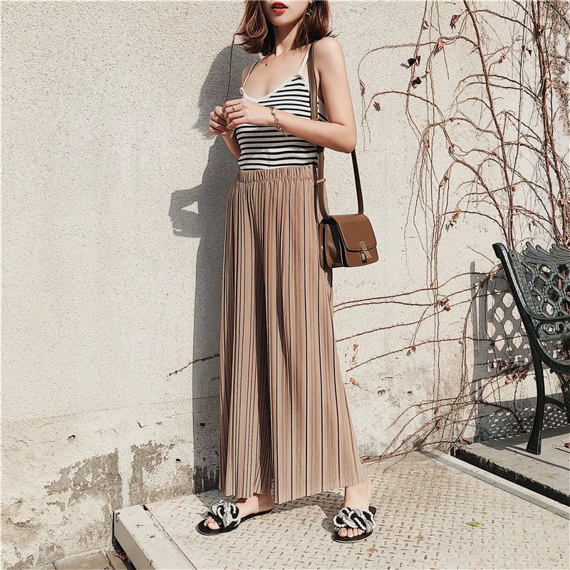 Womens Pleated High-Waist Stretch Pants with Side Pockets