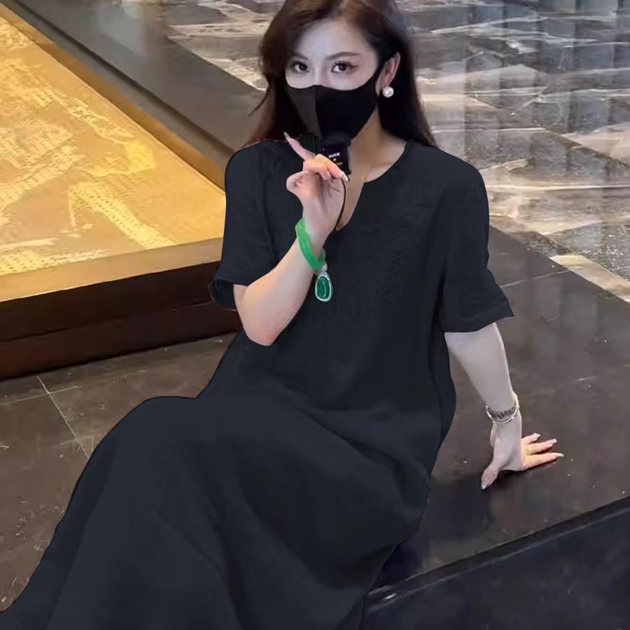 Women's Black V-Neck Polo Maxi Dress
