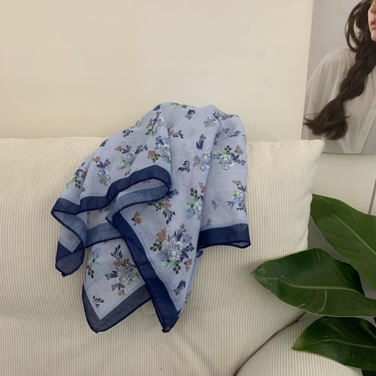 Floral Print Cotton Linen Square Scarf Headband Hair Scarf