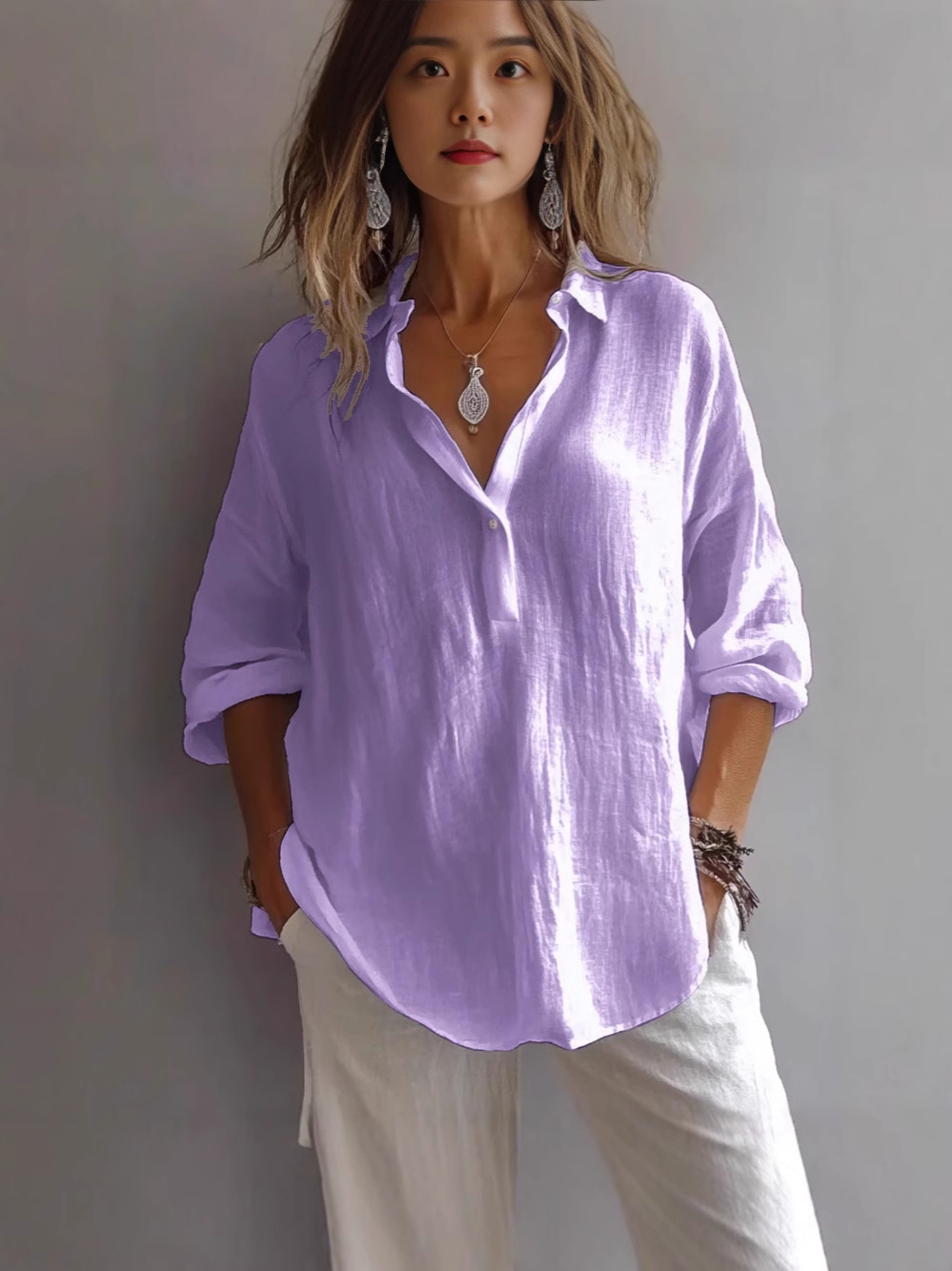 Women's Relaxed Linen-Blend Button-Up Shirt