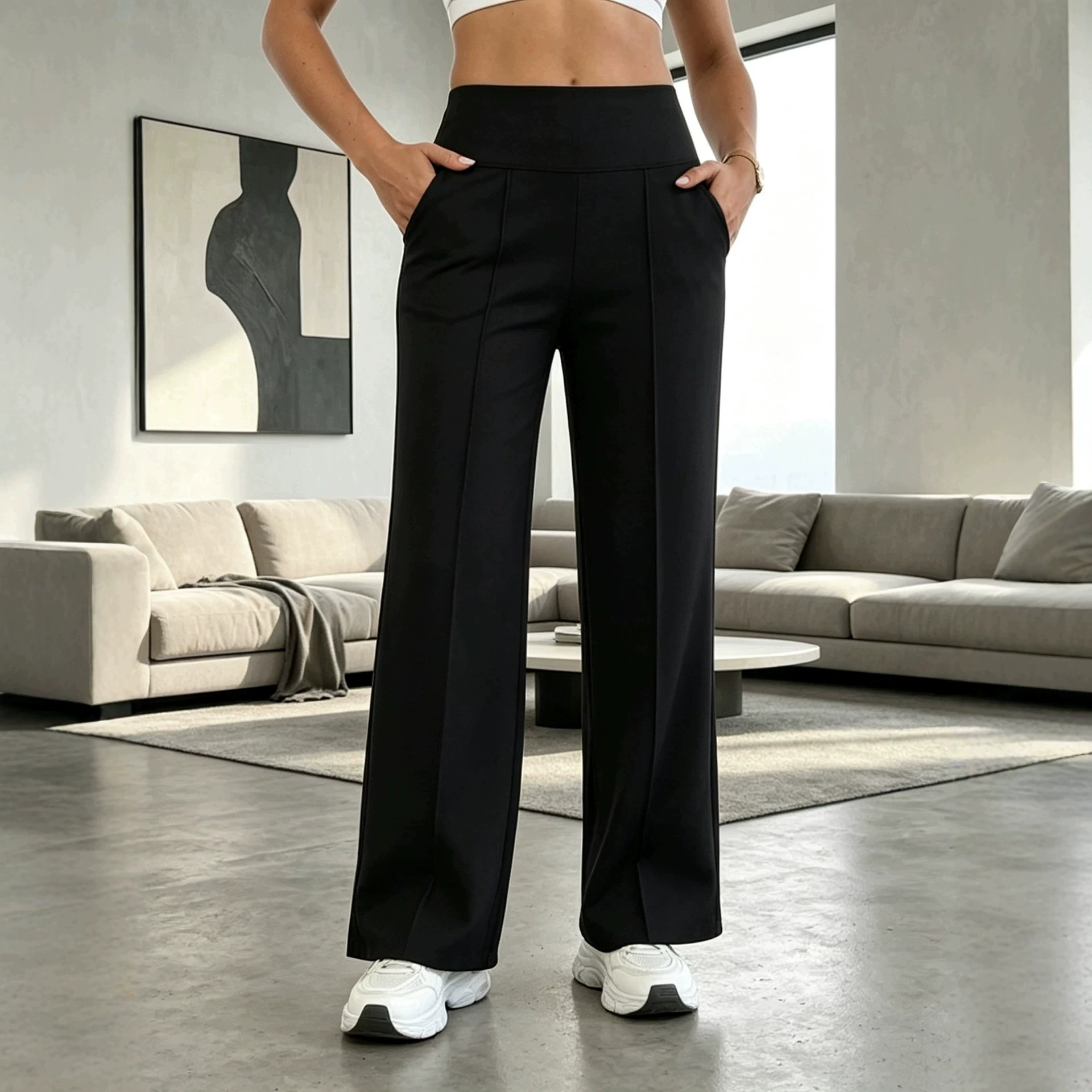 Womens High Waisted Straight Leg Work Trousers with Side Pockets