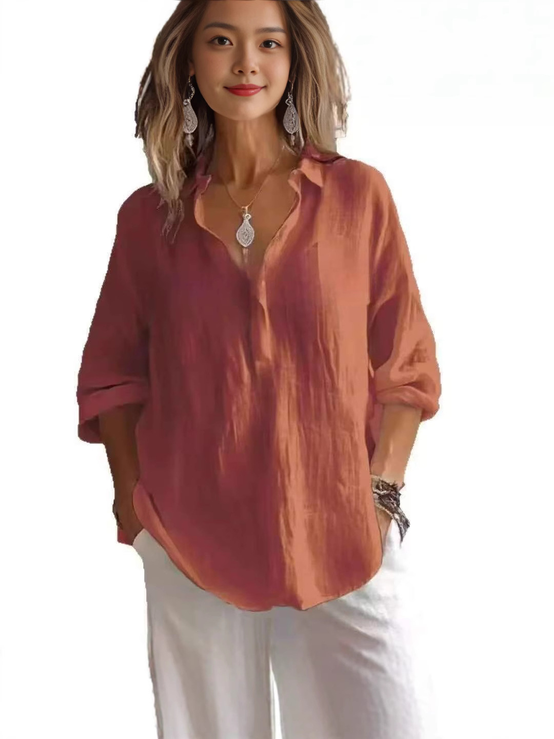 Women's Relaxed Linen-Blend Button-Up Shirt