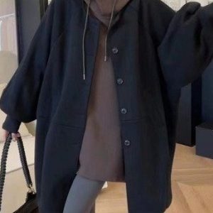 Oversized Wool Coat for Women — Black, Button Front, Wide Sleeves - image 1
