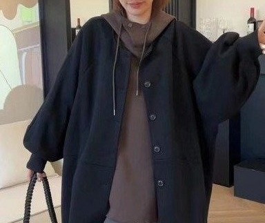 Oversized Wool Coat for Women — Black, Button Front, Wide Sleeves - image 2