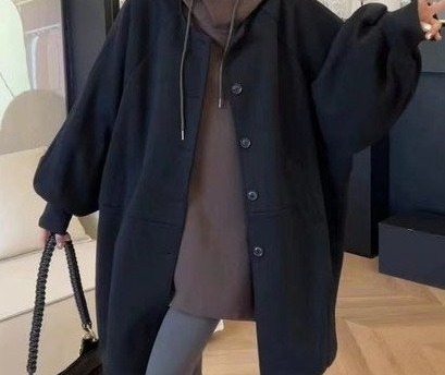 Oversized Wool Coat for Women — Black, Button Front, Wide Sleeves - image 3
