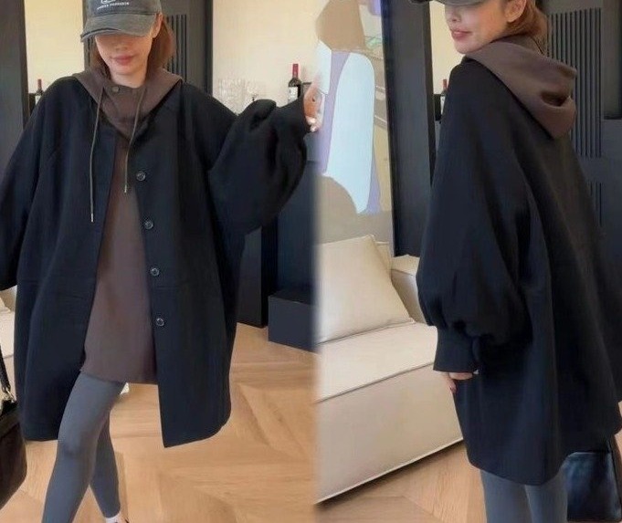 Oversized Wool Coat for Women — Black, Button Front, Wide Sleeves - image 5