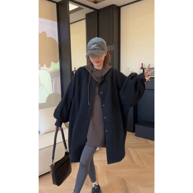 Oversized Wool Coat for Women — Black, Button Front, Wide Sleeves - image 6