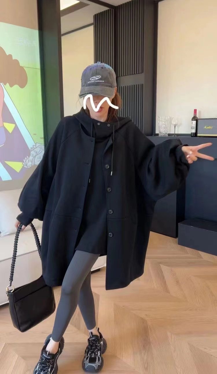 Oversized Wool Coat for Women — Black, Button Front, Wide Sleeves - image 7