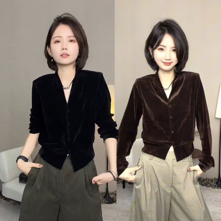 Velvet Blazer for Women — Black/dark Brown, V-neck, Button Front - image 1