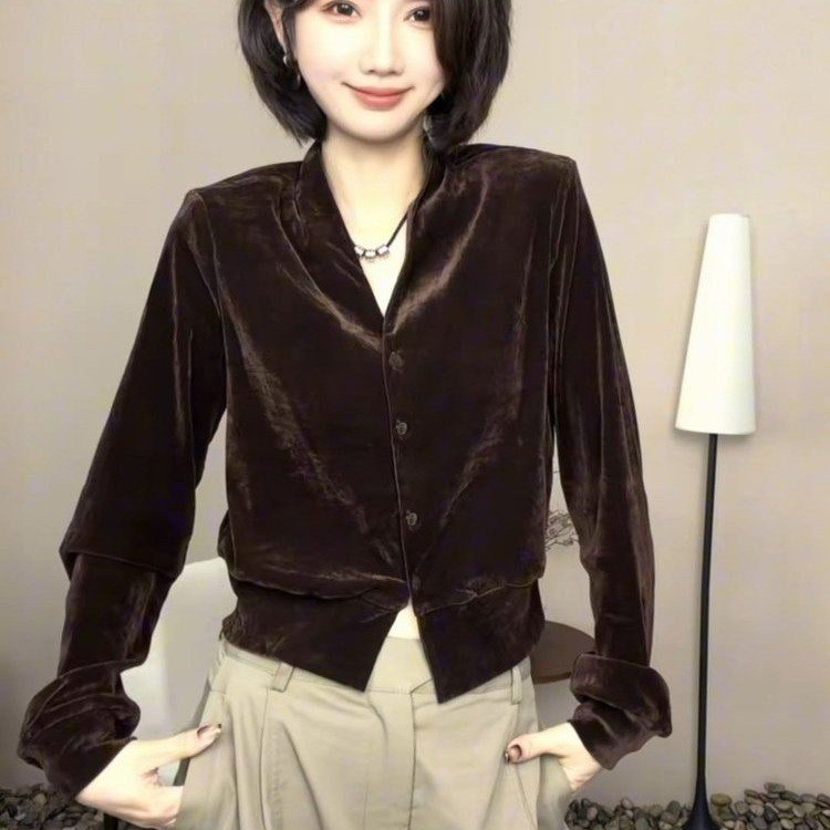 Velvet Blazer for Women — Black/dark Brown, V-neck, Button Front - image 2