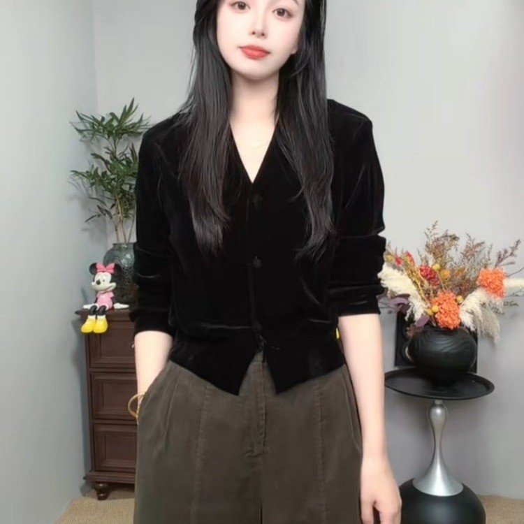 Velvet Blazer for Women — Black/dark Brown, V-neck, Button Front - image 3