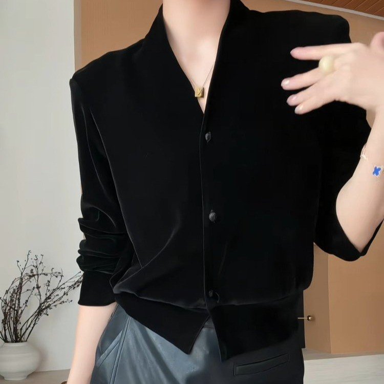 Velvet Blazer for Women — Black/dark Brown, V-neck, Button Front - image 4