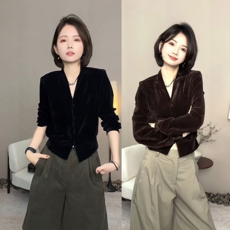 Velvet Blazer for Women — Black/dark Brown, V-neck, Button Front - image 5