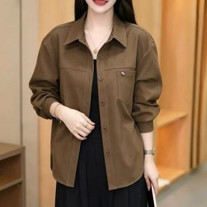 Oversized Shirt Jacket for Women — Olive Brown, Button-front, Chest Pocket - image 1