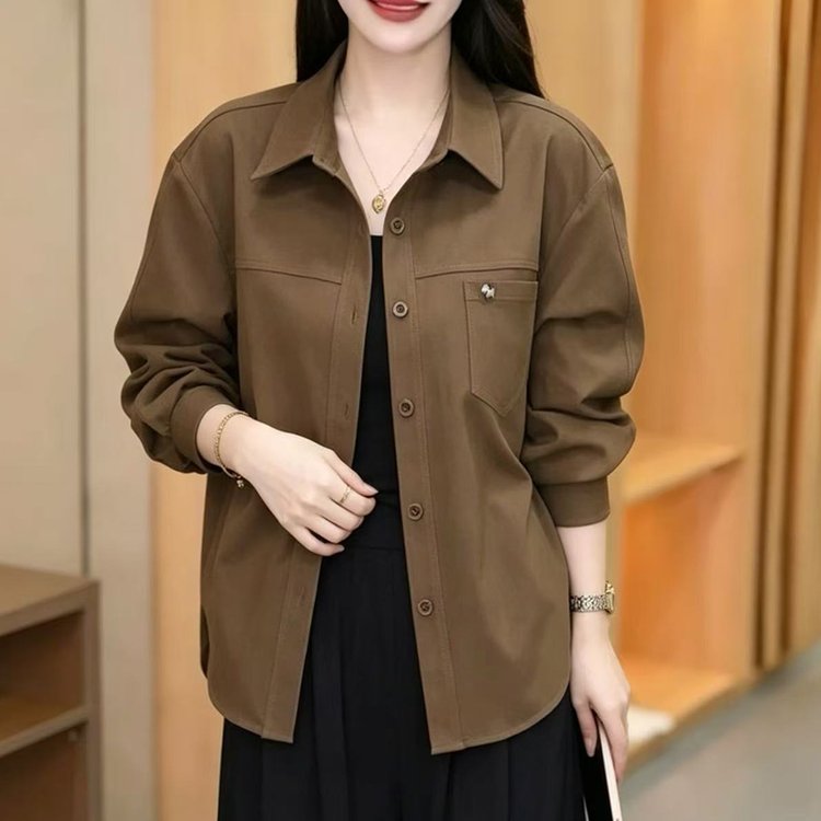 Oversized Shirt Jacket for Women — Olive Brown, Button-front, Chest Pocket - image 1