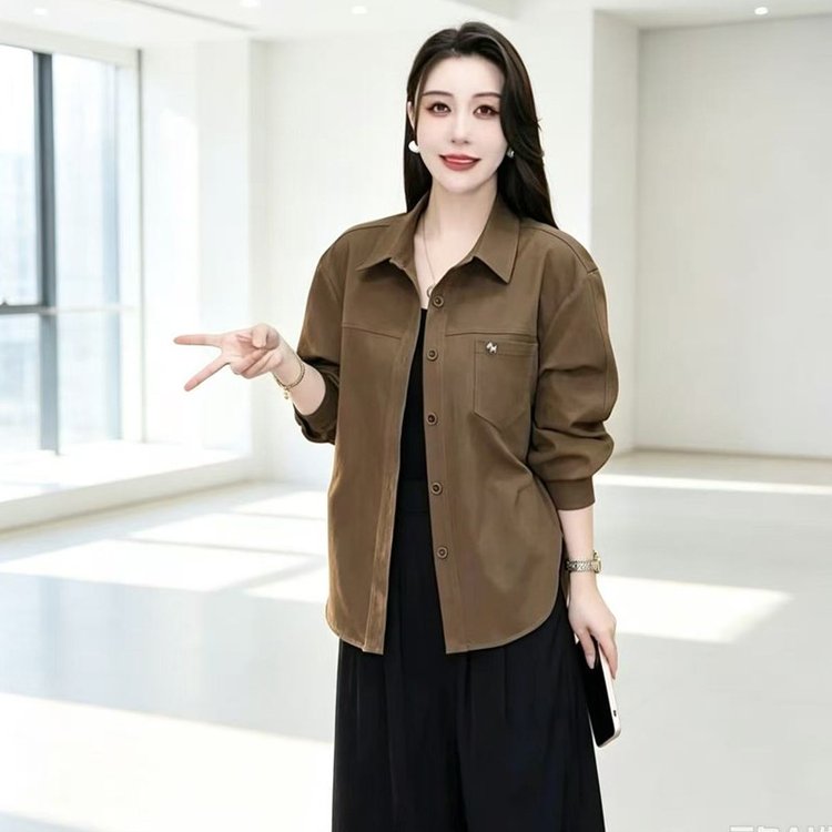 Oversized Shirt Jacket for Women — Olive Brown, Button-front, Chest Pocket - image 2