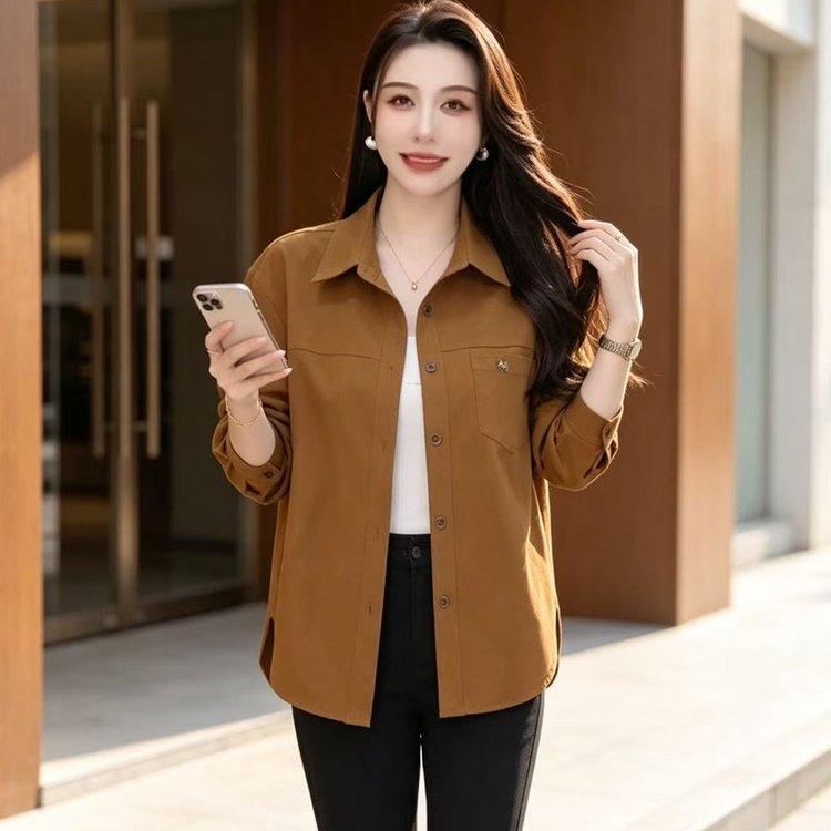 Oversized Shirt Jacket for Women — Olive Brown, Button-front, Chest Pocket - image 3