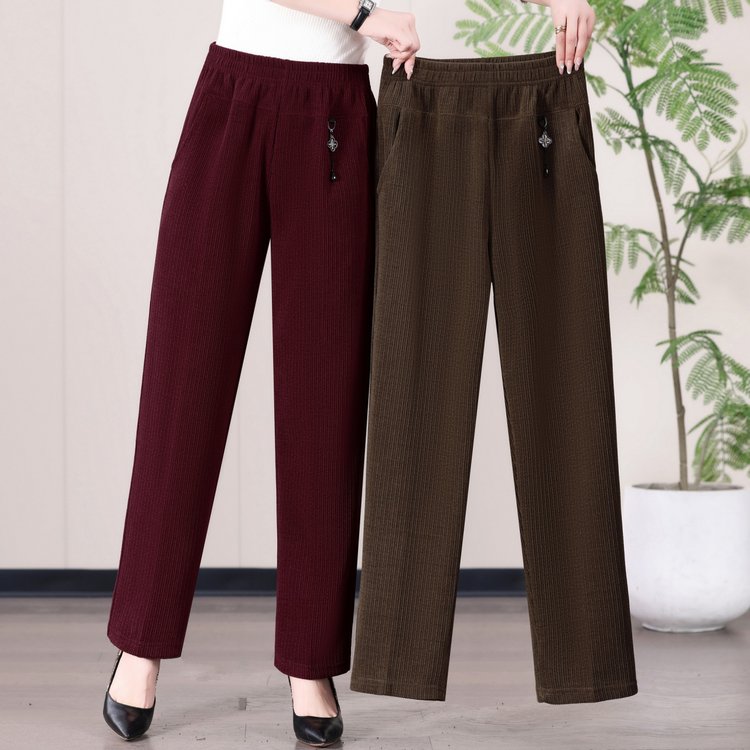 Wide-leg Trousers for Women — Burgundy, Ribbed Knit, Elastic Waist - image 1