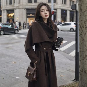Wool Trench Coat for Women — Dark Brown, Asymmetrical Collar, Belted Waist - image 1
