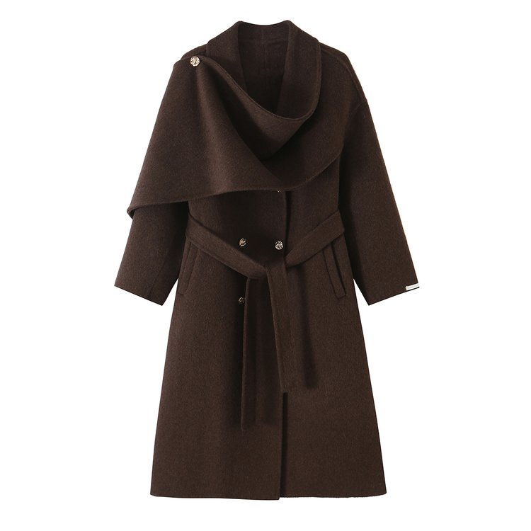 Wool Trench Coat for Women — Dark Brown, Asymmetrical Collar, Belted Waist - image 3