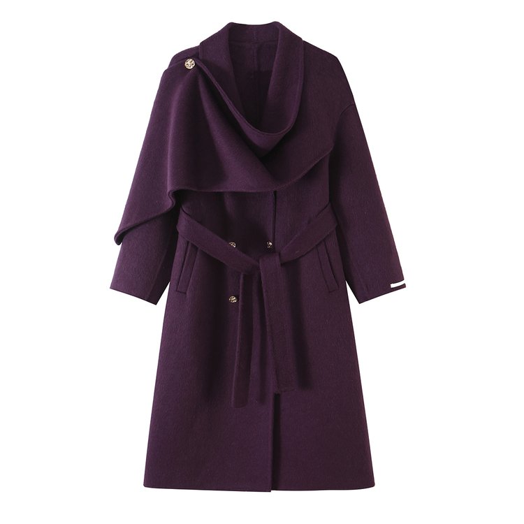 Wool Trench Coat for Women — Dark Brown, Asymmetrical Collar, Belted Waist - image 4