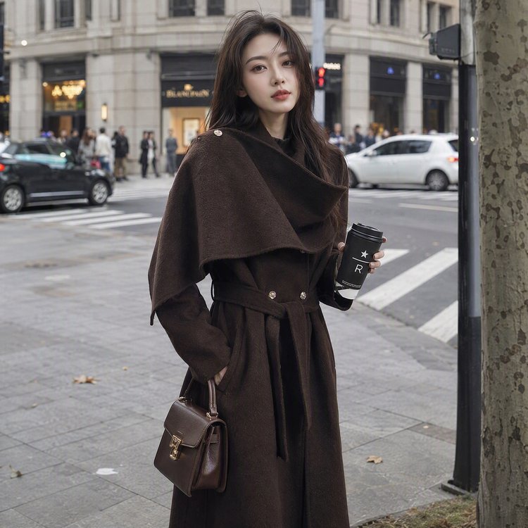 Wool Trench Coat for Women — Dark Brown, Asymmetrical Collar, Belted Waist - image 7