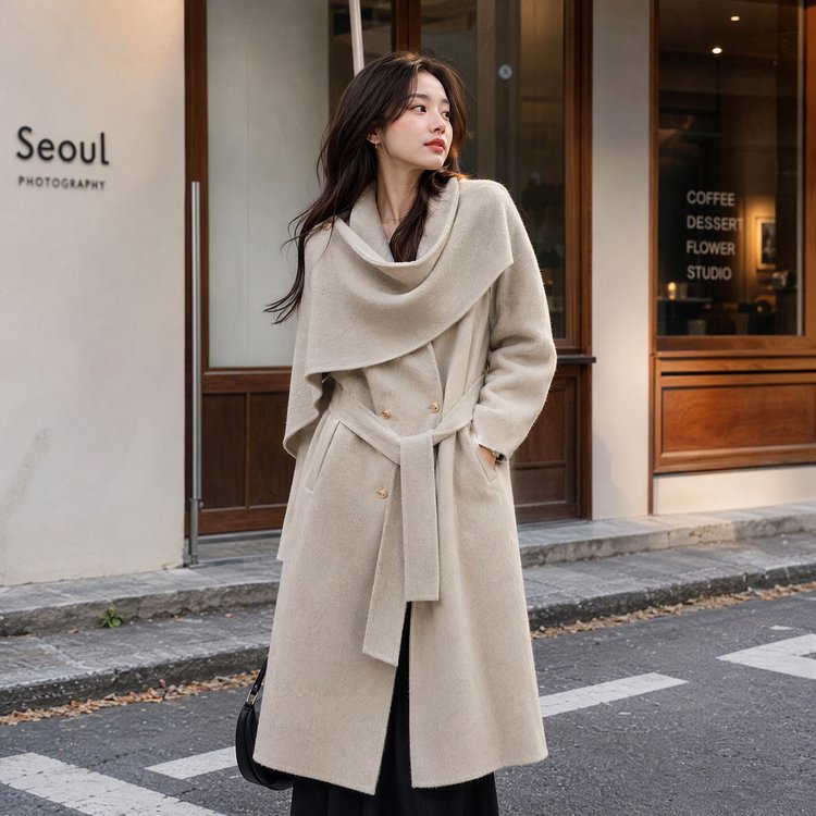 Wool Trench Coat for Women — Dark Brown, Asymmetrical Collar, Belted Waist - image 8