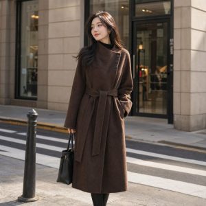 Women's Brown Wool Trench Coat — belted waist, side buttons, mid-length - image 1