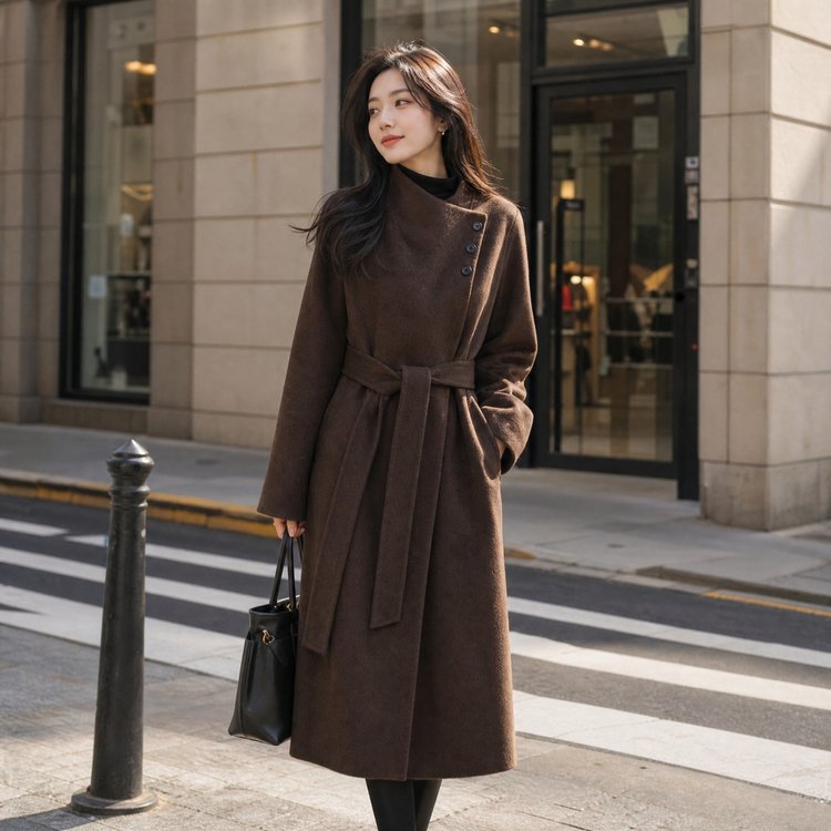 Women's Brown Wool Trench Coat — belted waist, side buttons, mid-length - image 1