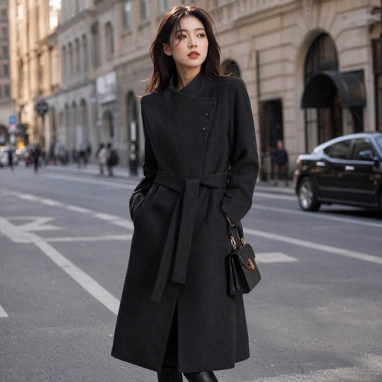 Women's Brown Wool Trench Coat — belted waist, side buttons, mid-length - image 3