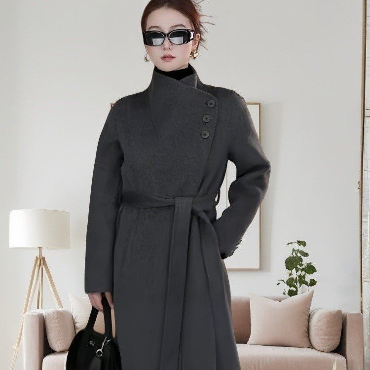 Women's Brown Wool Trench Coat — belted waist, side buttons, mid-length - image 4