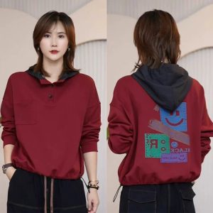 Women's Hooded Sweatshirt — maroon, front buttons, colorful back print - image 1