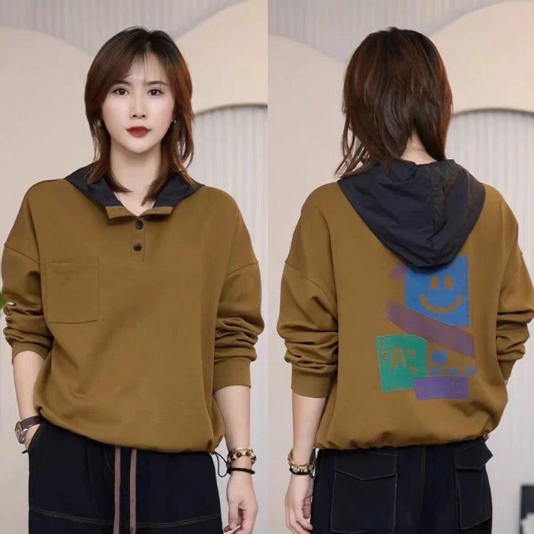 Women's Hooded Sweatshirt — maroon, front buttons, colorful back print - image 5