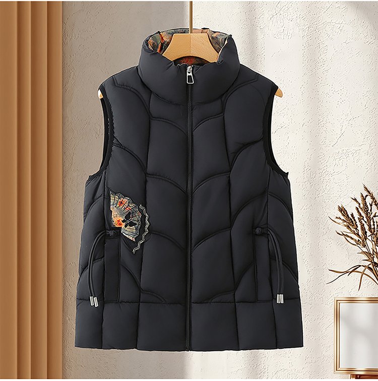 Quilted Puffer Vest for Women — Black, High Collar, Embroidered Patch - image 6