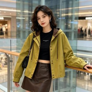 Hooded Jacket for Women — Olive Green, Brown Trim, Front Buttons - image 1