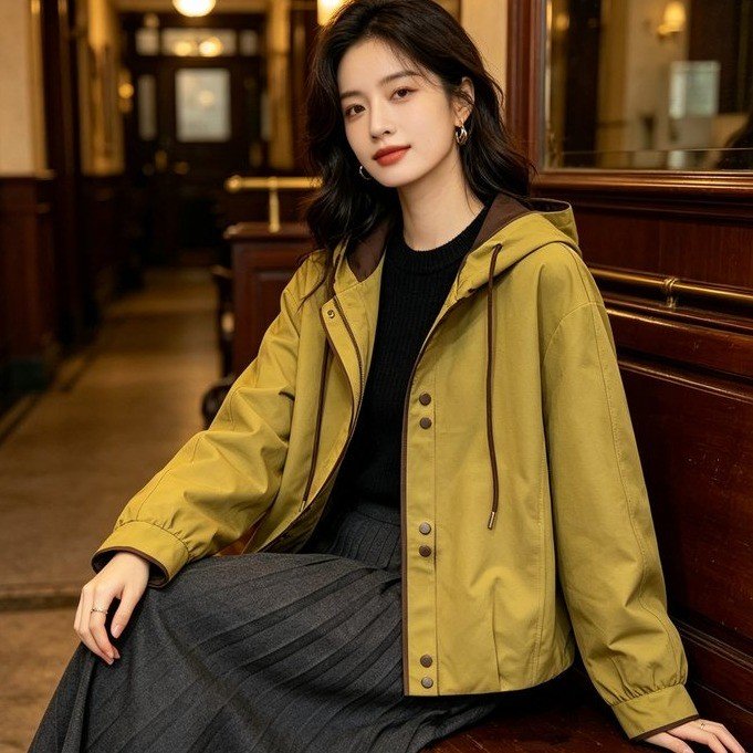 Hooded Jacket for Women — Olive Green, Brown Trim, Front Buttons - image 2