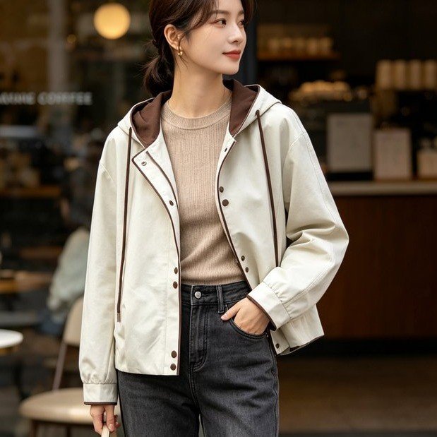 Hooded Jacket for Women — Olive Green, Brown Trim, Front Buttons - image 3